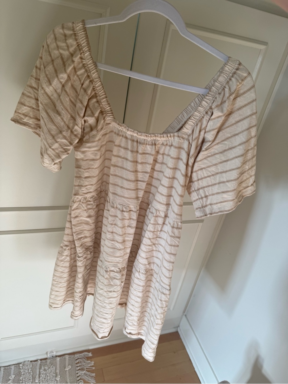 Rylee + Cru Cream and Beige Striped Puff-Sleeve Dress